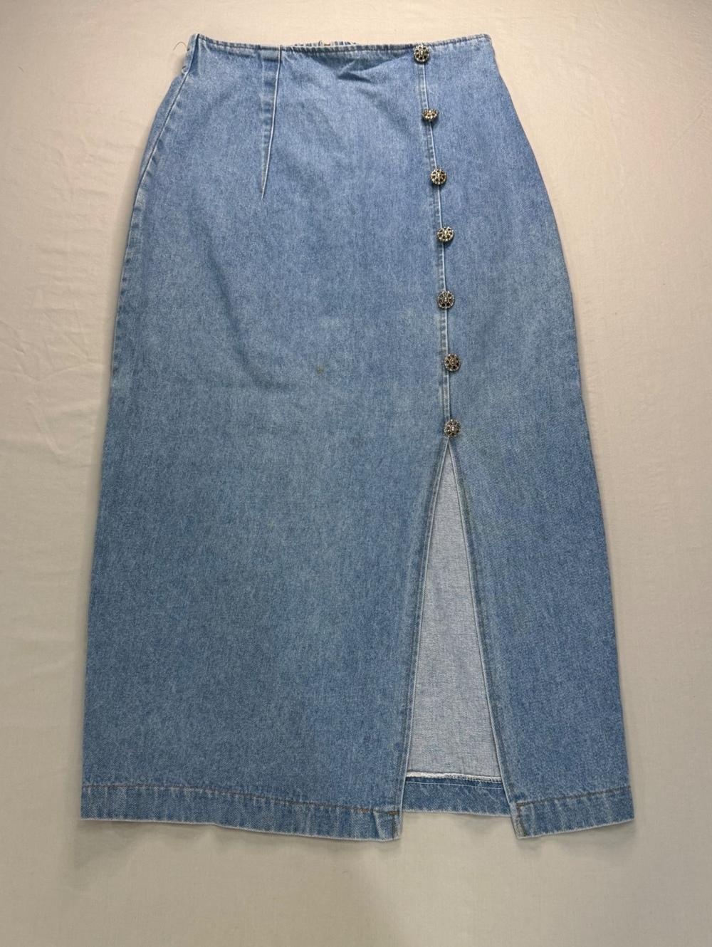 Vintage 70s 80s Denim Maxi Skirt A-Line Western Boho Concho Buttons Talon